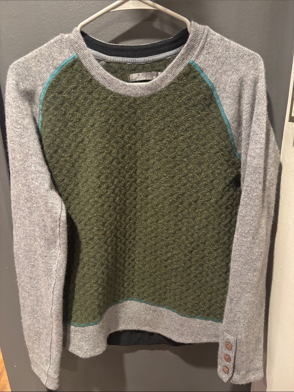 Prana Olive Green & Gray Crewneck Sweater with Teal Stitching